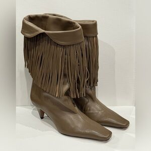 Mango MNG Fringe Kitten Heel Brown Leather Slouchy Boots Women’s Size 39 New
